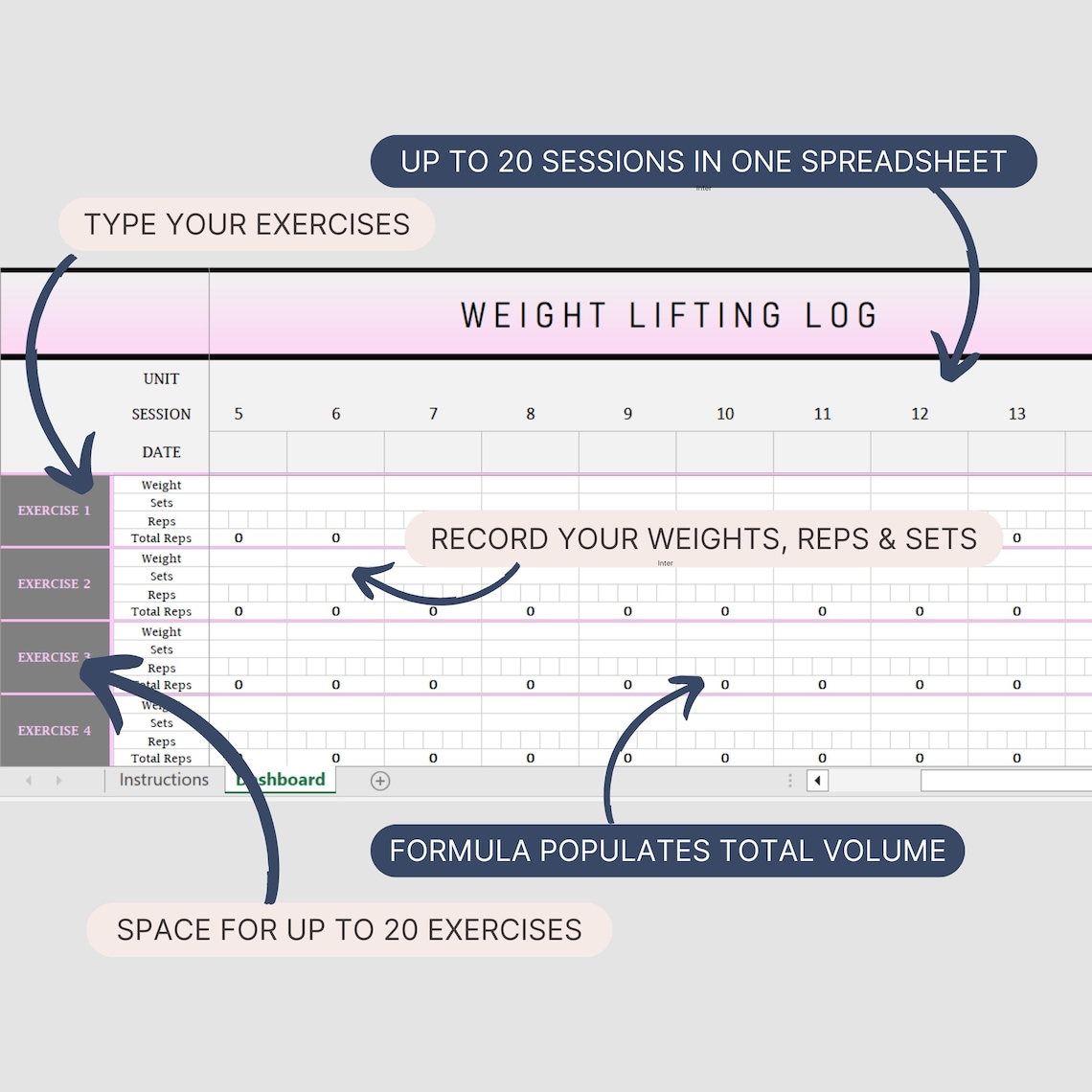 Weight Lifting Tracker Excel Spreadsheet Template, Digital Training Log