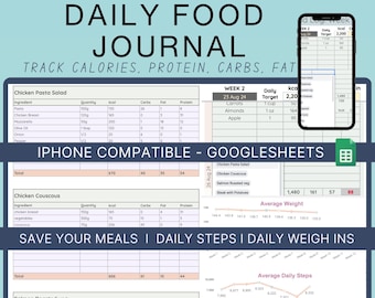 Digital Food Diary, Google Sheets Calorie Tracker (Mobile Compatible)