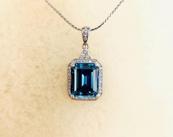 5 CT Blue Lab Grown Cullinan Emerald Cut Blue Moissanite Diamond Pendant. Gold Plated Sterling Silver. Anniversary, Luxury, Christmas, Gift
