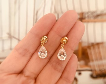 4CTW. Pear Cut Lab Grown Sapphire  Earings, 18K Gold Plated, Anniversary, Birthday, Valentines, Luxury Jewelry