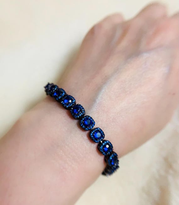 Rare Beautiful Lab Grown Royal Blue Sapphire Gemstone Tennis Bracelet Rhodium Plated 925 Solid Sterling Silver
