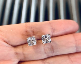 2CTW. Lab Grown Asscher Cut Moissanite Stud Earrings: 14K Gold Over Sterling Silver. Anniversary, Birthday, Valentines, Christmas