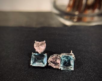 Blue & Pink Simulated Topaz Stud Earrings. 18K White Gold Plated Sterling Silve. AB Style. Anniversary, Birthday, Valentines, Christmas Gift