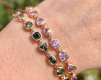 Bezel Set Lab Grown Gemstone Bracelet: 18K Rose Gold Over Sterling Silver.Anniversary, Birthday, Valentines, Christmas Gift.
