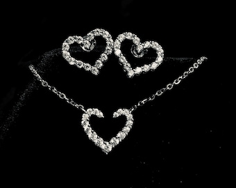 Heart Shape Moissanite Jewelry Set – 18K WG Plated 925 Sterling Silver – Necklace + Earrings. Valentine Gift. Engagement, Promise Gift