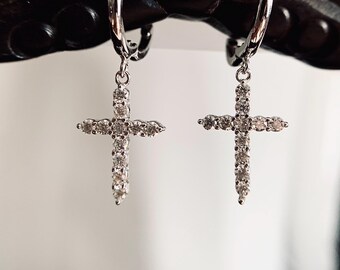 Lab Grown Moissanite Diamond Cross Hoop Earrings , White Gold Plated, Perfect Gift for Christian, Anniversary, Birthday, Christmas, Gift