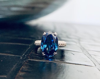 5 CT Lab Grown Oval Cut London Blue Sapphire Solitaire Ring. 18K White Gold Plated Sterling Silver, Anniversary, Engagement, Christmas Gift
