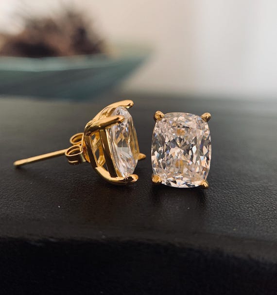 Cushion Cut Lab Grown Sapphire Stud Earrings. Yellow Gold Plated Sterling Silver. Christmas, Anniversary, Gift