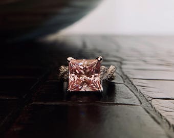 6CT  Princess Cut Pink Moissanite Engagement Ring, White Gold Plated 925 Sterling Silver, Engagement, Anniversary, Wedding Gift