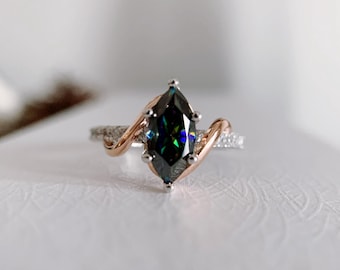1 CT Lab Grown Magic Black Marquise Moissanite Diamond Two Tone Gold Plated Sterling Silver. Anniversary, Valentine, Unique Gift