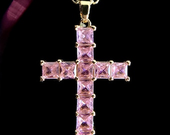 Lab Grown Princess Cut Sapphire Cross Necklace, Yellow Gold Plated, Perfect Gift for Christian, Anniversary, Birthday, Christmas, Gift