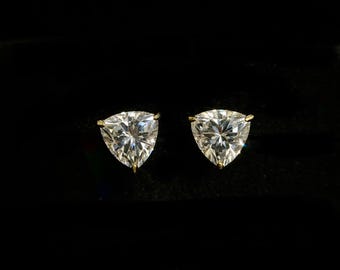 4CTW Triangle Trillion Cut Lab Sapphire Stud Earrings: 18K Yellow Gold Plated Sterling Silver.