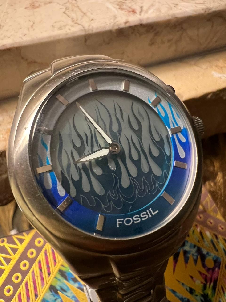 時計 Fossil big tic blue flame Rare Men's Fossil Blue Flame Digital Big Tic Y2K Watch Original