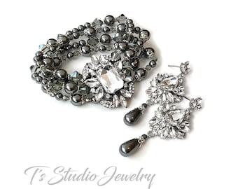 Dark Charcoal Grey Pearl and Crystal Bridal Bracelet & Chandelier Earrings Set - Dark Grey Pearl Vintage Victorian Wedding Jewelry