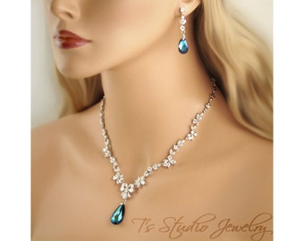 Bridal CZ Cubic Zirconia and Blue Crystal Wedding Necklace and Earring Set - Available in several colors