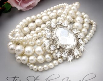 Wedding Pearl Bridal Bracelet Multi 5 Strand Cuff Rhinestone Brooch Ivory or White Pearl Jewelry