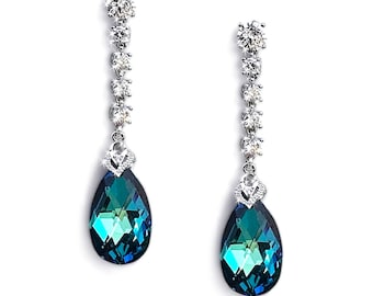 Peacock Blue Chandelier Bridal Bridesmaid Earrings Crystal Teardrop Silver Rhinestone - Something Blue Wedding Earings