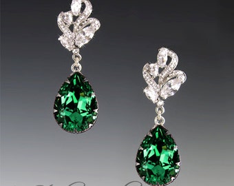 Jewel Tone Emerald Green Bridesmaid Earrings - Swarovski Pear Shaped Stones available in other colors