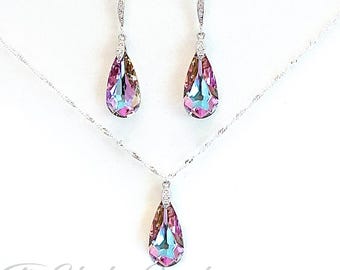 Vitrail Light Crystal Teardrop Necklace and Earring Set for Bride, Bridesmaid, Mother of the Bride, or Prom Jewelry - Pink Purple Lavender