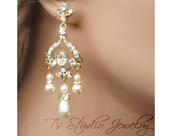 Gold Long Pearl and Crystal Bridal Chandelier Earrings - White or Ivory Pearl Wedding Jewelry