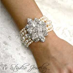 5 Strand Pearl Bridal Cuff Bracelet with Marquise Crystal Rhinestone Focal - White or Ivory Pearl Wedding Jewelry