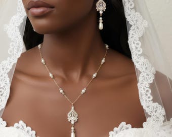 Bridal Necklace and Chandelier Earrings Jewelry Set with Crystal Rhinestones, and Swarovski Pearl Drops - In Silver, Gold, or Rose Gold