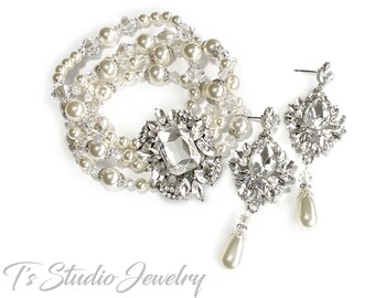 Pearl Crystal & Rhinestone Bridal Cuff Bracelet and Long Chandelier Earrings Set with a Vintage Flair
