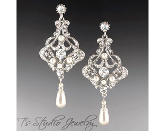 Silver Long Romantic Pearl and Rhinestone Bridal Chandelier Earrings - Ivory Pearl Wedding Jewelry