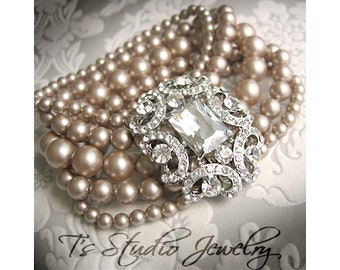 5 Strand Champagne Pearl Bridal Cuff Bracelet with Crystal Rhinestone Focal - Vintage Theme Wedding Jewelry