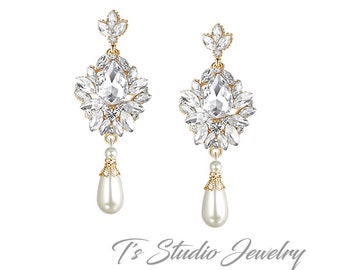 Gold Vintage Victorian Style Rhinestone Crystal and Teardrop Swarovski Pearl Bridal Chandelier Earrings - Available in silver or gold