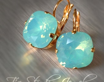 Mint Green Bridesmaid Earrings -Turquoise Pacific Opal - Blue Cushion Cut Stones