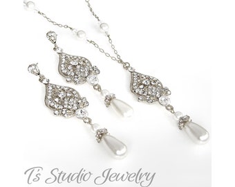 Pearl and Crystal Chandelier Bridal Necklace and Earrings Set - Silver or Gold Chain