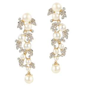 Goldtone Cascading Pearl & Pave Crystal Rhinestone Bridal Wedding Earrings