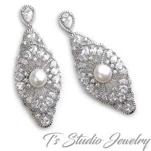 Vintage Style CZ Cubic Zirconia Crystal and Pearl Chandelier Bridal Earrings