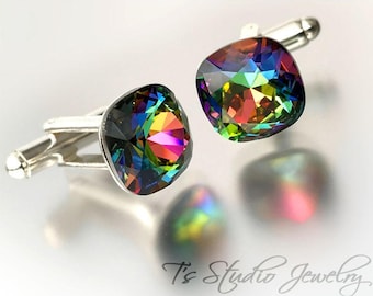 Rainbow Swarovski Cushion Cut Crystal Cufflinks - Available in several colors