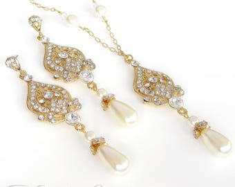 Gold Bridal Necklace and Chandelier Earrings Jewelry Set with Crystal Rhinestones, and Swarovski Pearl Drops - In Silver, Gold, or Rose Gold