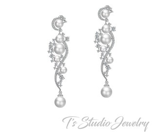 Cascading Pearl & Pave Crystal Rhinestone Bridal Wedding Earrings - available in silver or gold