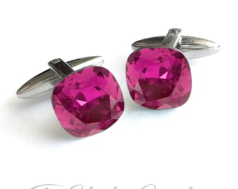 Jewel Tone Cufflinks - Fuchsia Pink Raspberry Rose Swarovski Crystal Cushion Cut Cufflinks - Silver Cuff Links - Available in several colors