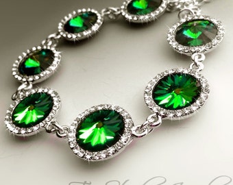 Emerald Moss Green Rivoli Swarovski Crystal Bracelet Bridesmaid Wedding Gift with Rhinestone Edge- SONIA