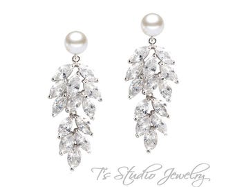 Wedding Pearl Bridal Chandelier Earrings - CZ Cubic Zirconia Crystal with Ivory or White Pearls - Silver or Gold Base - CAROLYN