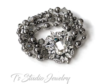 Dark Charcoal Grey Pearl and Crystal Bridal Bracelet - 4-Strand Vintage Victorian Wedding Cuff with Rhinestone Crystal Brooch