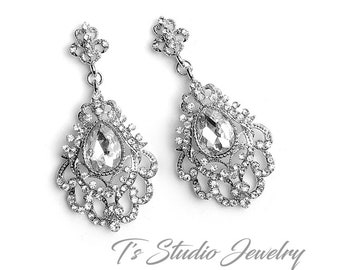 Vintage Victorian Style Silver and Clear Crystal Bridal Chandelier Wedding Earrings