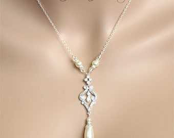 Pearl and Crystal Chandelier Bridal Necklace with Silver Chain - Earrings sold separately