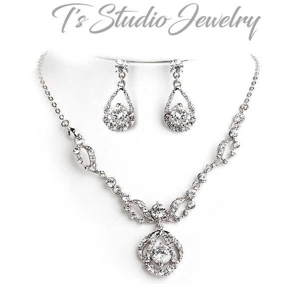 Silver and Rhinestone Necklace & Earrings Bridal Jewelry Set - Crystal Wedding Jewelry Set