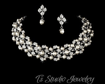 Silver and Ivory Pearl Crystal Rhinestone Bridal Wedding Choker Necklace and Earrings Set