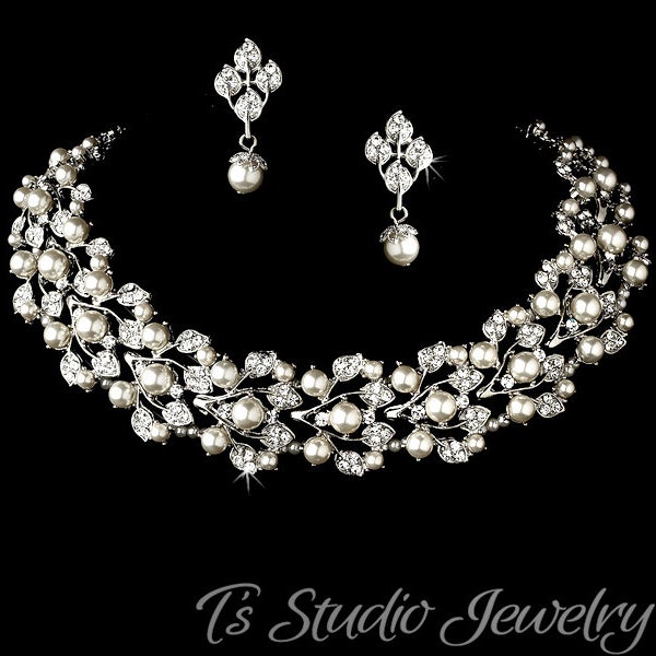 Silver and Ivory Pearl Crystal Rhinestone Bridal Wedding Choker Necklace and Earrings Set