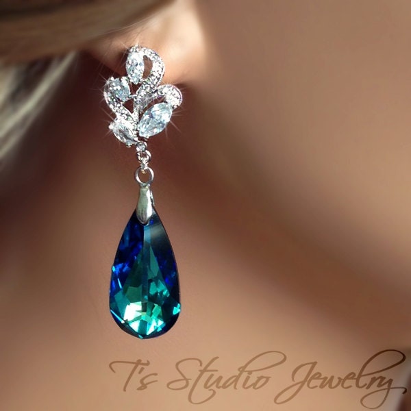 Bermuda Blue Bridesmaid Jewelry Earrings - Swarovski Pear Shaped Stones available in other colors
