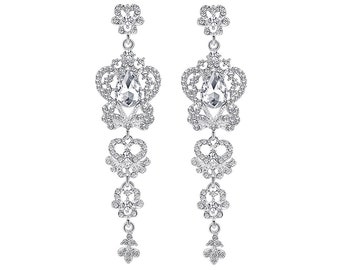 Very Long Rhinestone Crystal Pageant Earrings - Silver and Clear Crystal Extra Long Dangling Statement Earrings, perfect for pageant or prom