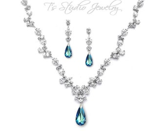 Bridal CZ Cubic Zirconia and Blue Crystal Wedding Necklace and Earring Set - Available in several colors