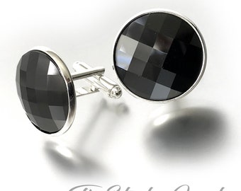 Jet Black Swarovski Crystal Large Round Chessboard Cufflinks -  Black and Silver Cuff Links - Available in Several Colors